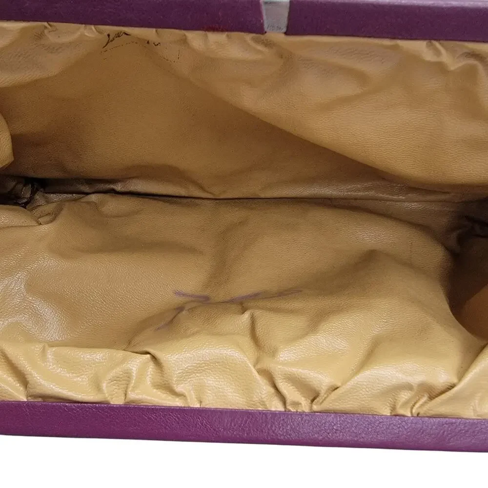 Vintage Lord & Taylor Plum Leather Clutch Bag Made in Italy Black Frame